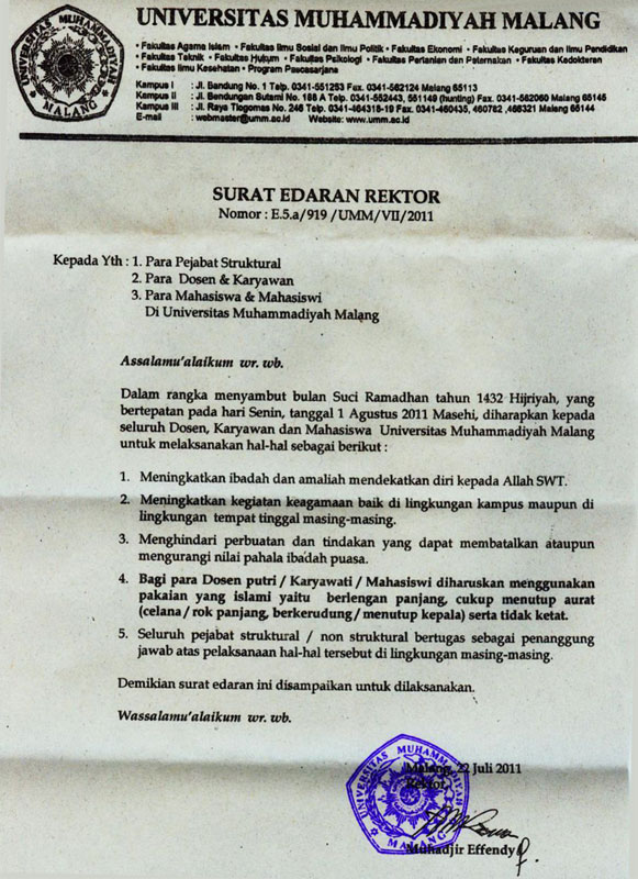 Surat Edaran Rektor Tentang Peraturan Bulan Suci Ramadhan