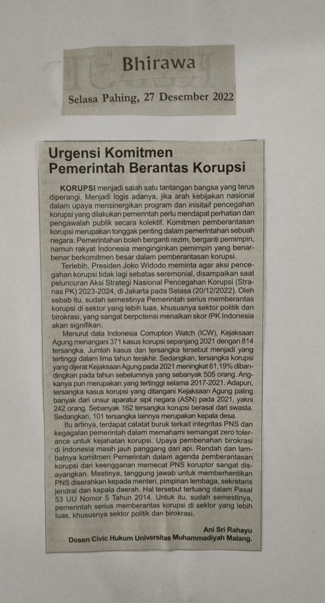 Urgensi Komitmen Pemerintah Berantas Korupsi