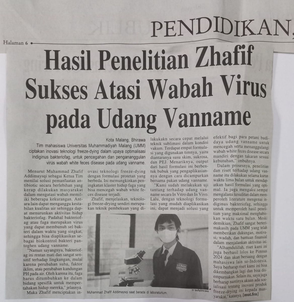 Hasil Penelitian Zhafif Sukses Atasi Wabah Virus pada Udang Vanname