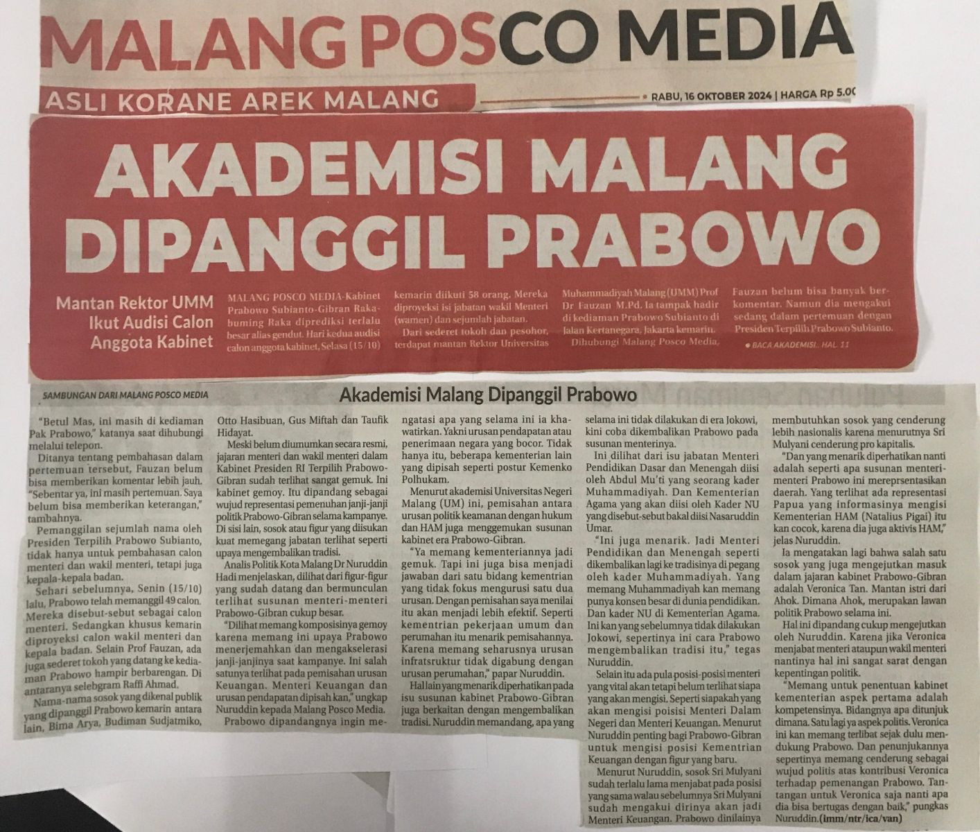 Akademisi Malang dipanggil Prabowo