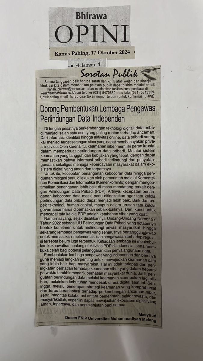 Dorong Pembentukan Lembaga Pengawas Perlindungan Data Independen - Bhirawa - UMM dalam Berita Koran Online