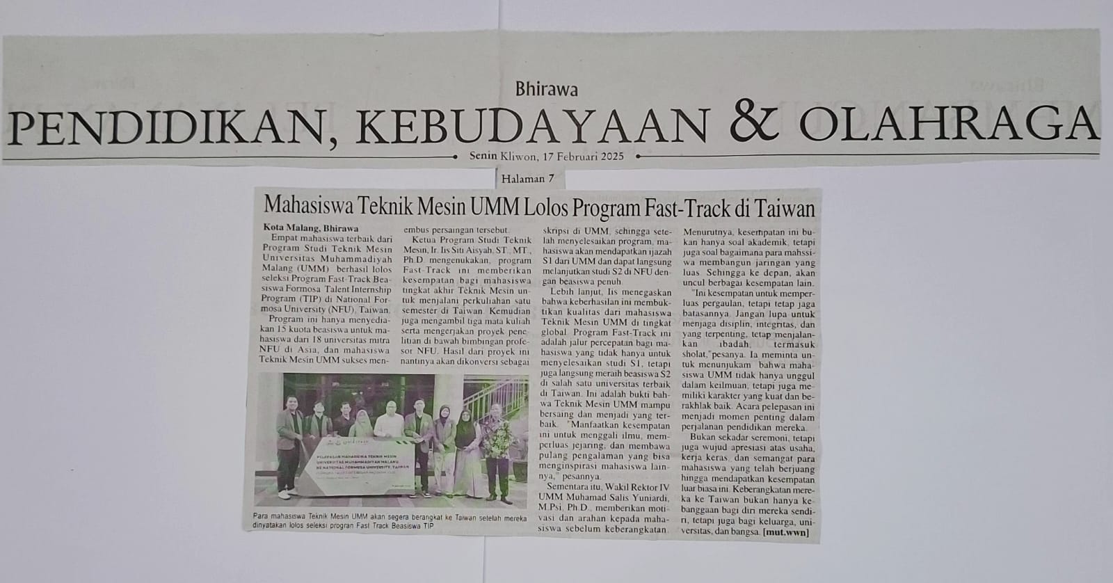 Mahasiswa Teknik Mesin UMM Lolos Program Fast-Track di Taiwan