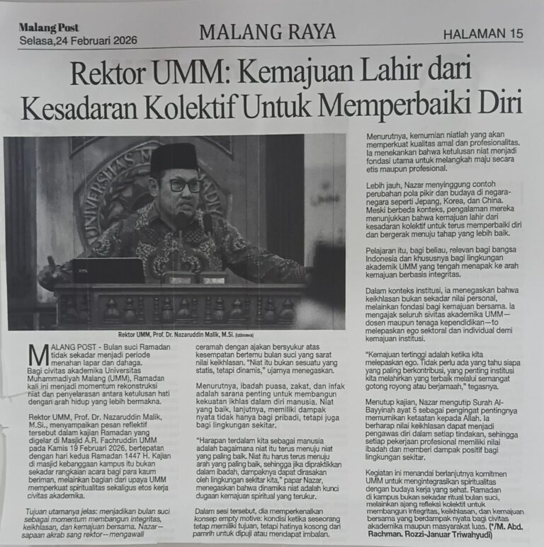 Rektor UMM: Kemajuan Lahir dari Kesadaran Untuk Memperbaiki Diri