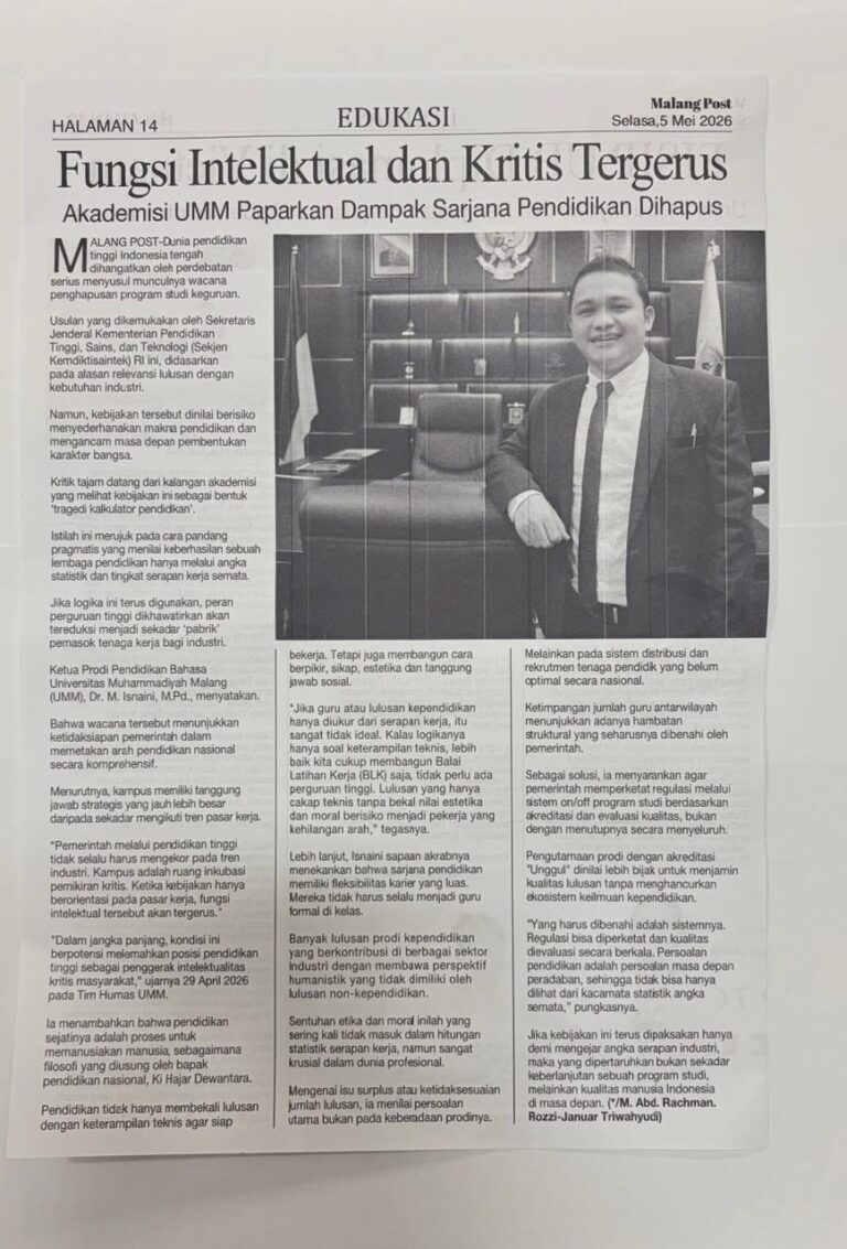 Fungsi Intelektual dan Kritis Tergerus, Kademisi UMM Paparkan Dampak Sarjana Pendidikan Dihapus
